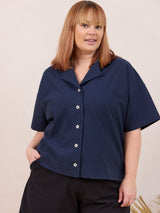 short sleeve button down cotton shirt for women made in canada navy