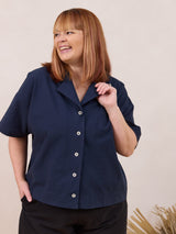 short sleeve button down cotton shirt for women made in canada navy