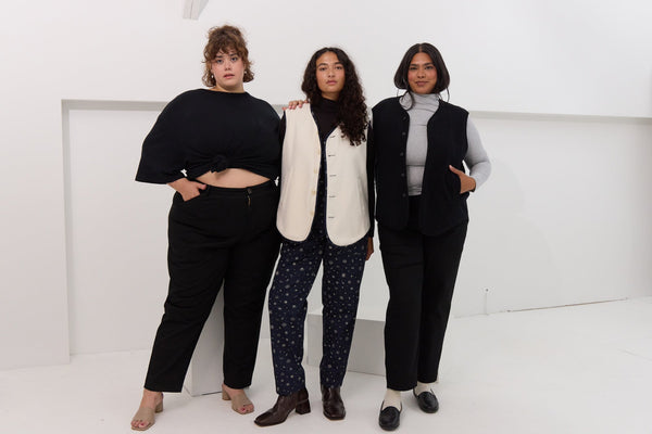 Models wearing the cotton twill collection from Free Label - Canadian made size inclusive clothing. 
