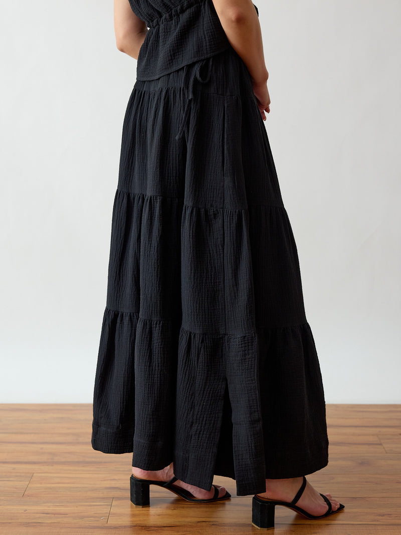 Free Label Black Tegan Skirt - Side Drawstrings - Long Skirt - Organic Cotton Gauze