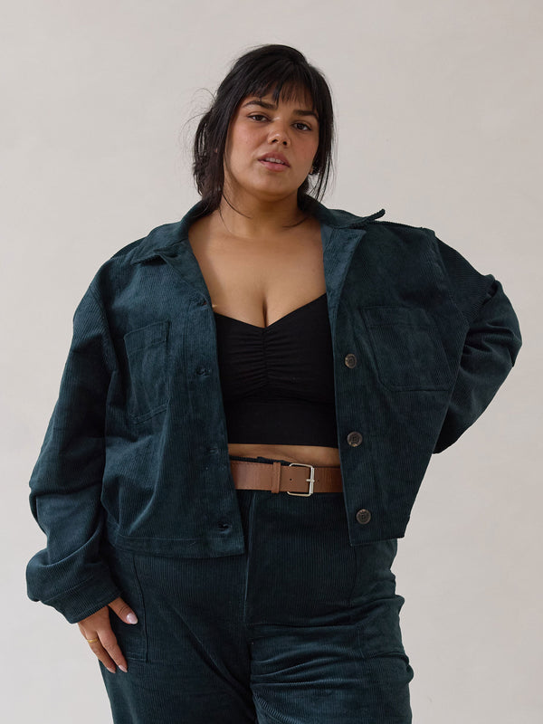 Free Label plus size corduroy crop jacket in emerald colour