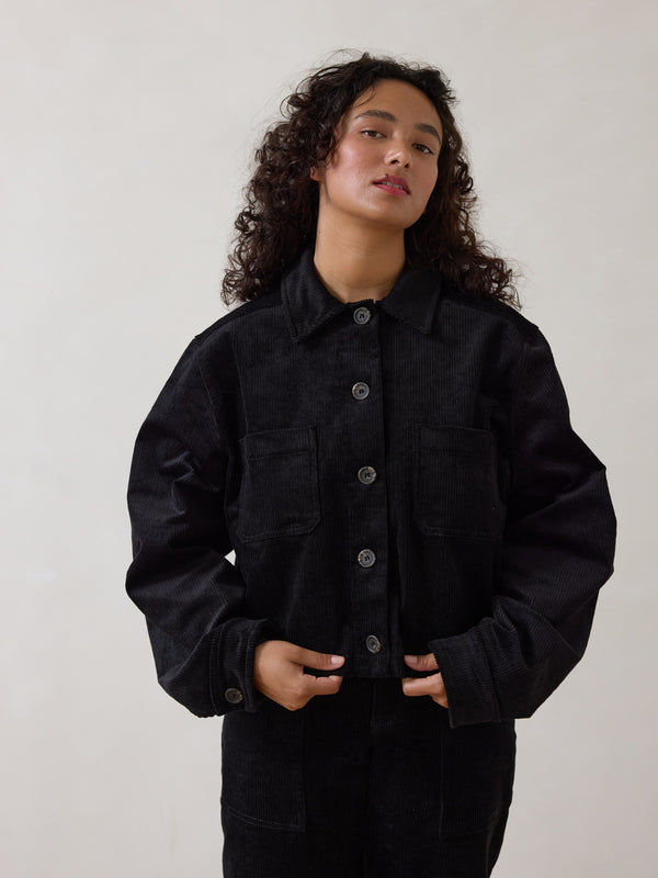 Free Label cropped boxy corduroy jacket with a cuff, made in canada