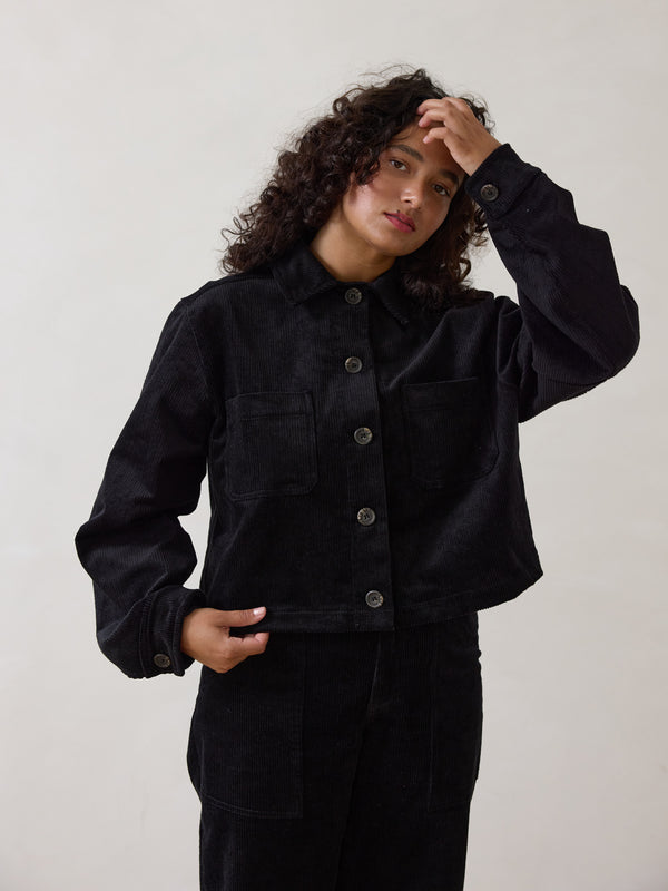 Free Label cropped boxy corduroy jacket with a cuff, made in canada