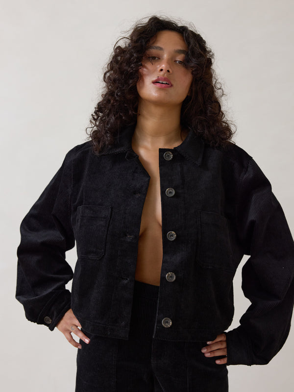 Free Label cropped boxy corduroy jacket with a cuff, made in canada