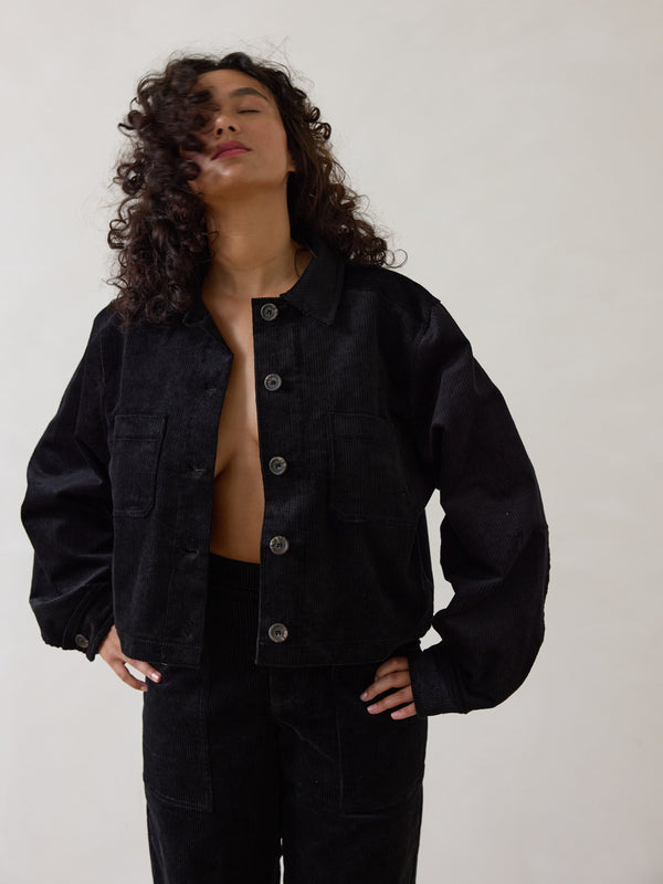 Free Label cropped boxy corduroy jacket with a cuff, made in canada