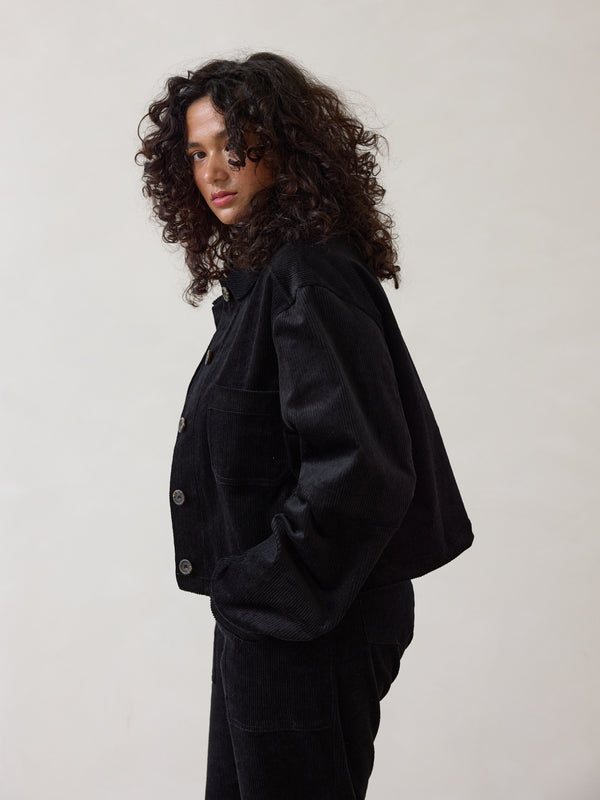 Free Label cropped boxy corduroy jacket with a cuff, made in canada