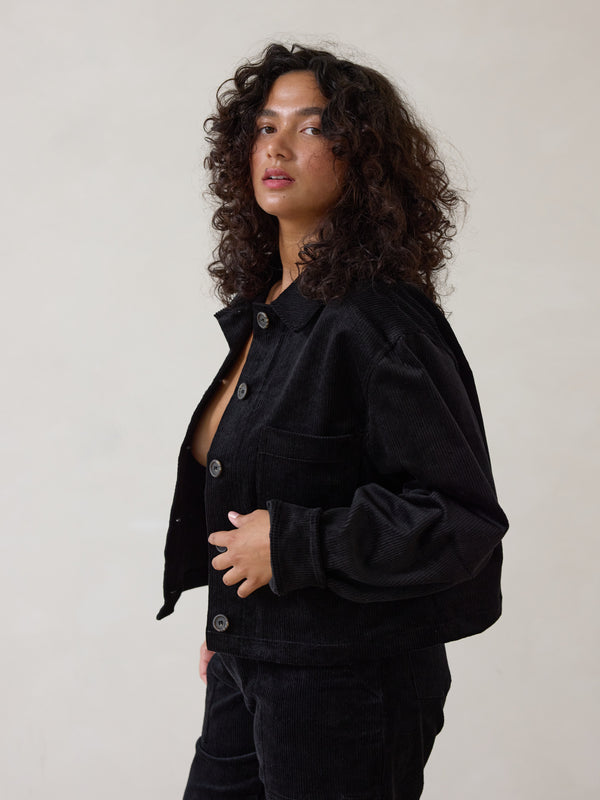 Free Label cropped boxy corduroy jacket with a cuff, made in canada