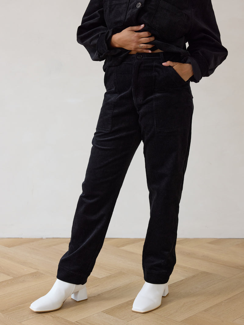 BLack Corduroy Straight leg pant made in Canada Free Label slow fashion