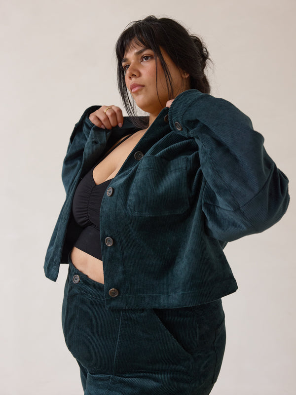 Free Label plus size corduroy crop jacket in emerald colour