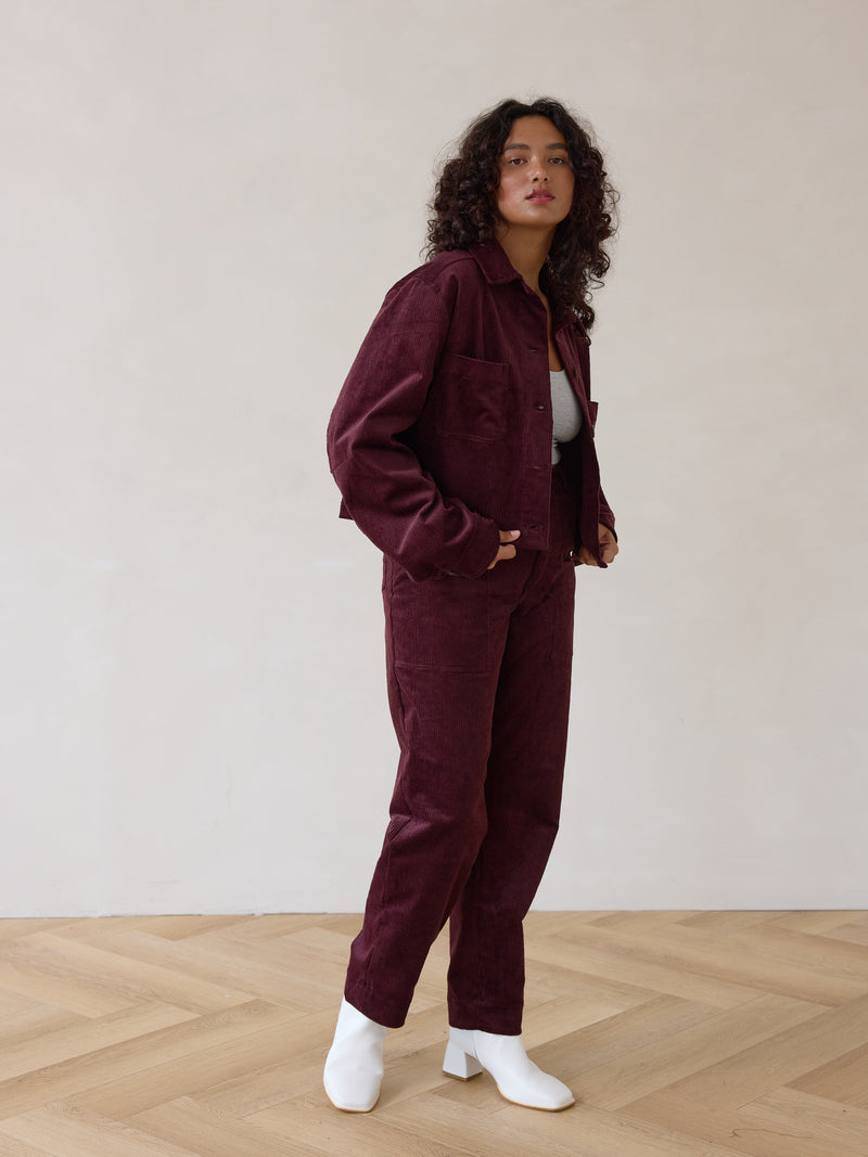 Free Label corduroy crop jacket in merlot colour ethical fashion