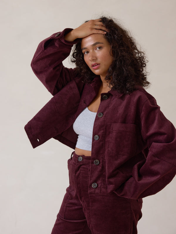 Free Label corduroy crop jacket in merlot colour ethical fashion