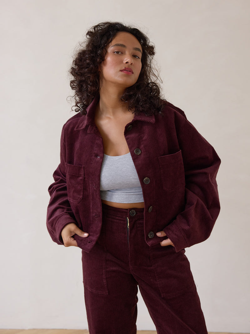 Free Label corduroy crop jacket in merlot colour ethical fashion