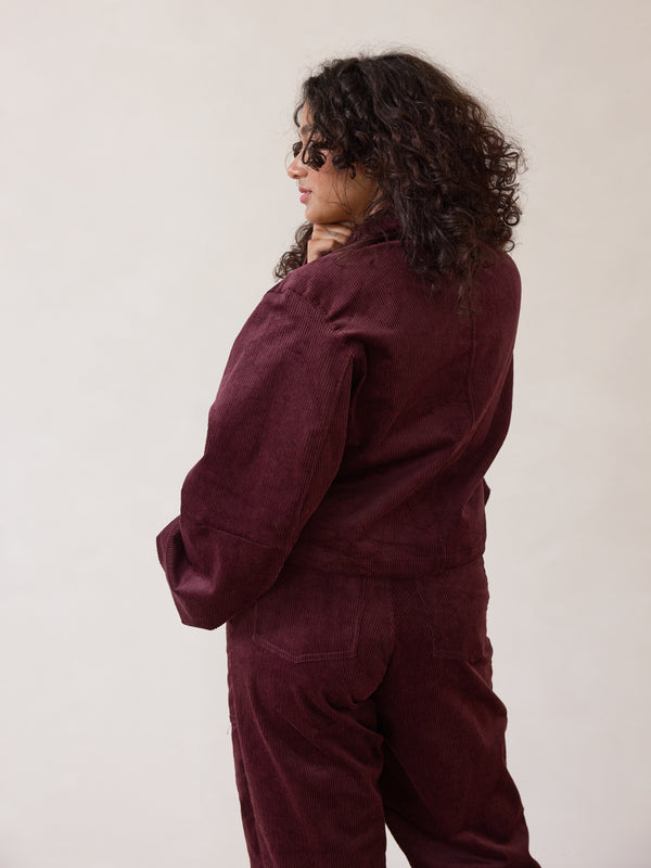 Free Label corduroy crop jacket in merlot colour ethical fashion