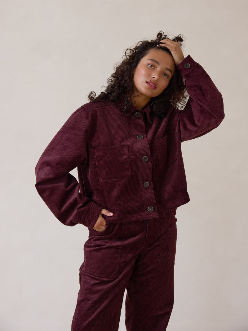 Free Label corduroy crop jacket in merlot colour ethical fashion