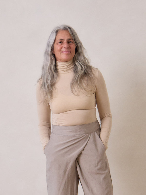 slow fashion comfy beige lyocell turtleneck