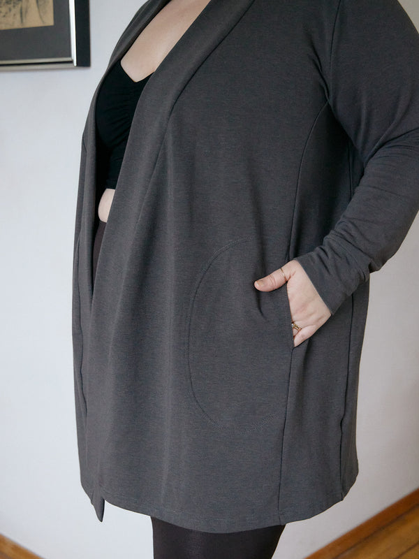 Diane Cardigan. Free Label french terry open cardigan. Ethically made organic and plus size friendly