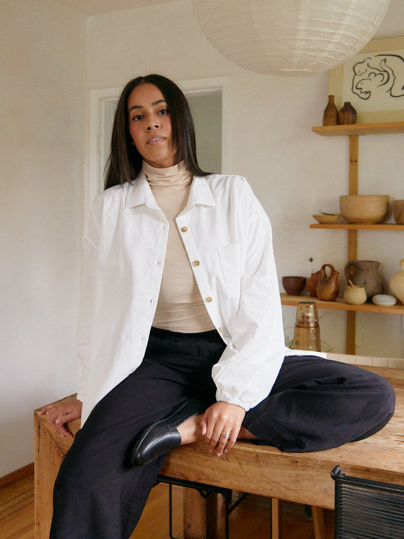 IVORY COTTON CREPE TOMMY BUTTON UP