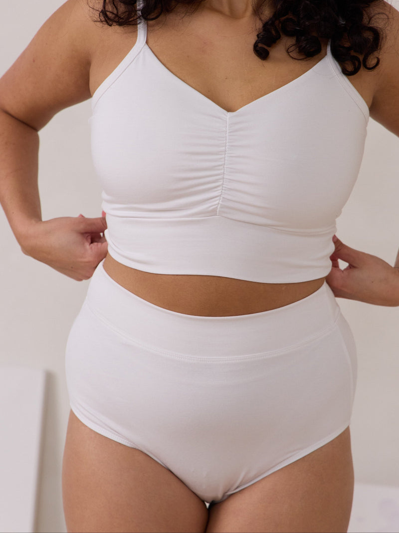 Canadian made high rise bamboo underwear, white Kealy undie by Free Label
