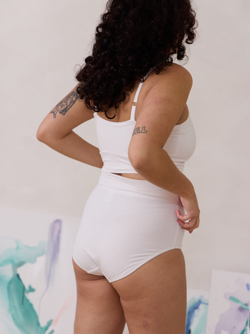 Canadian made high rise bamboo underwear, white Kealy undie by Free Label