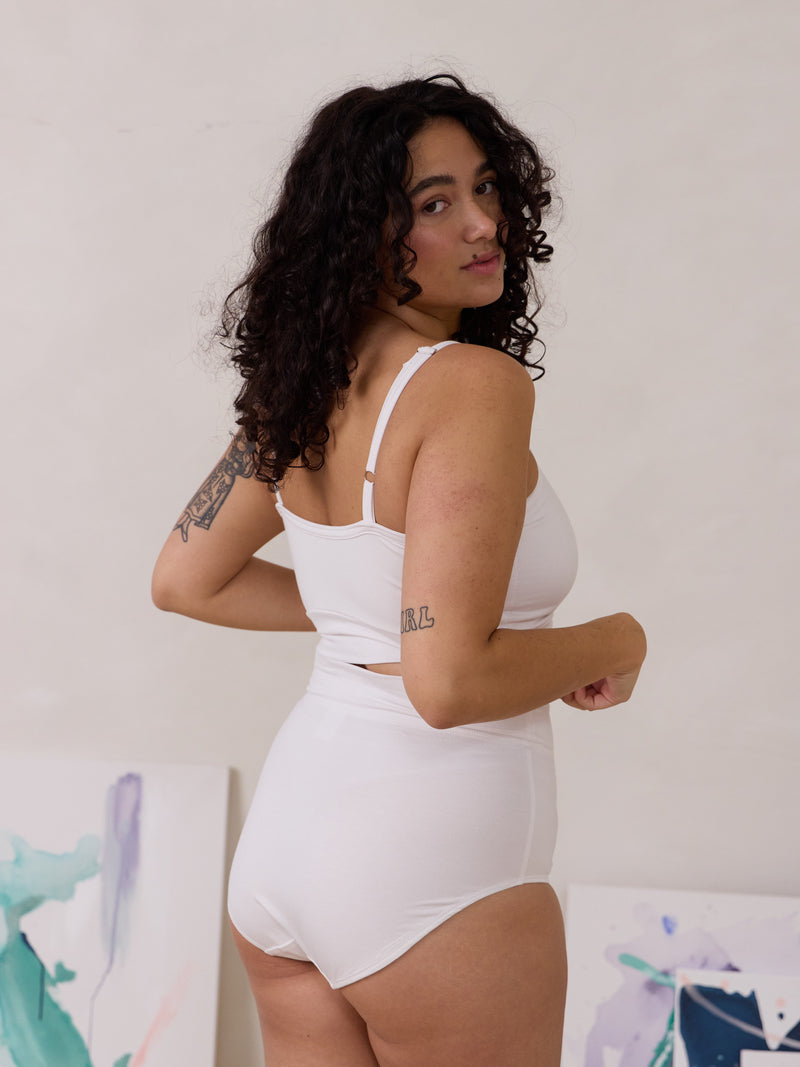 Canadian made high rise bamboo underwear, white Kealy undie by Free Label