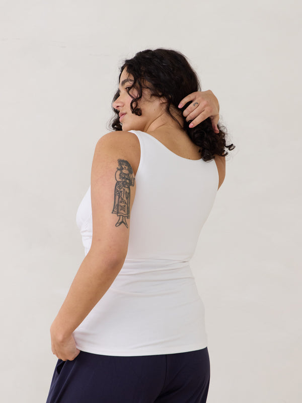 reversible slow fashion tank top built in bra - Free Label Dani Tank - white tank top made in canada with built in bra - made in canada matching sets - reversible tank top made in canada - canadian matching sets - ethical clothing made in canada 
