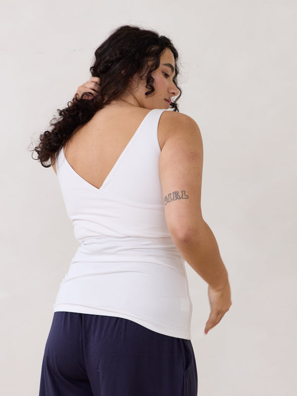 reversible slow fashion tank top built in bra - Free Label Dani Tank - white tank top made in canada with built in bra - made in canada matching sets - reversible tank top made in canada - canadian matching sets - ethical clothing made in canada 