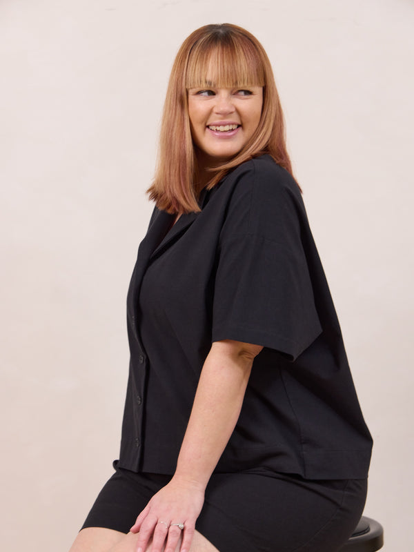 slow fashion canadian oversized short sleeve button up