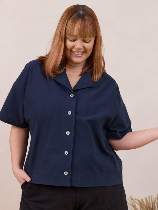 short sleeve button down cotton shirt for women made in canada navy