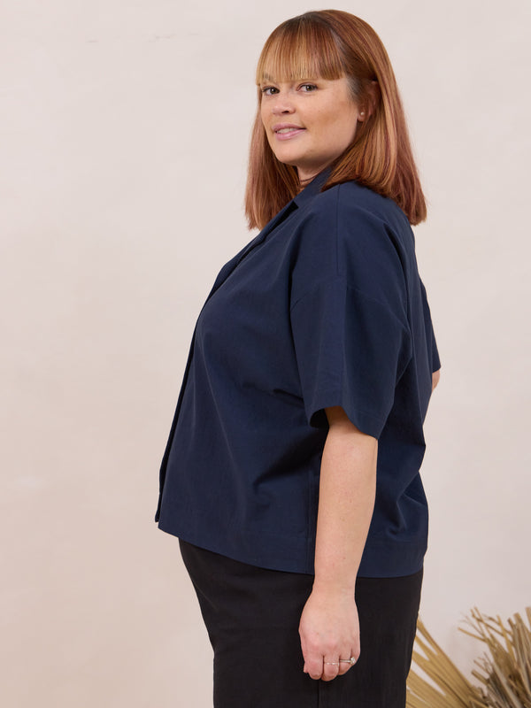 short sleeve button down cotton shirt for women made in canada navy
