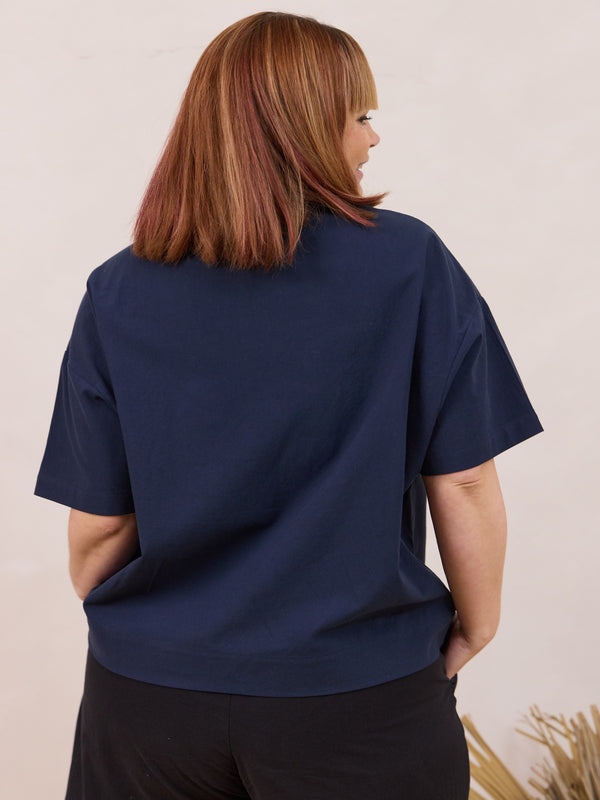 short sleeve button down cotton shirt for women made in canada navy