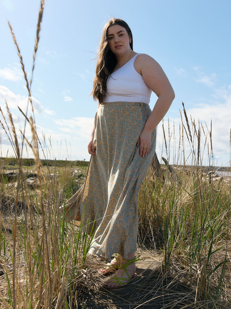 Canadian made maxi wrap skirt, wedding guest outfit