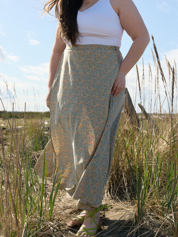 Canadian made maxi wrap skirt, wedding guest outfit