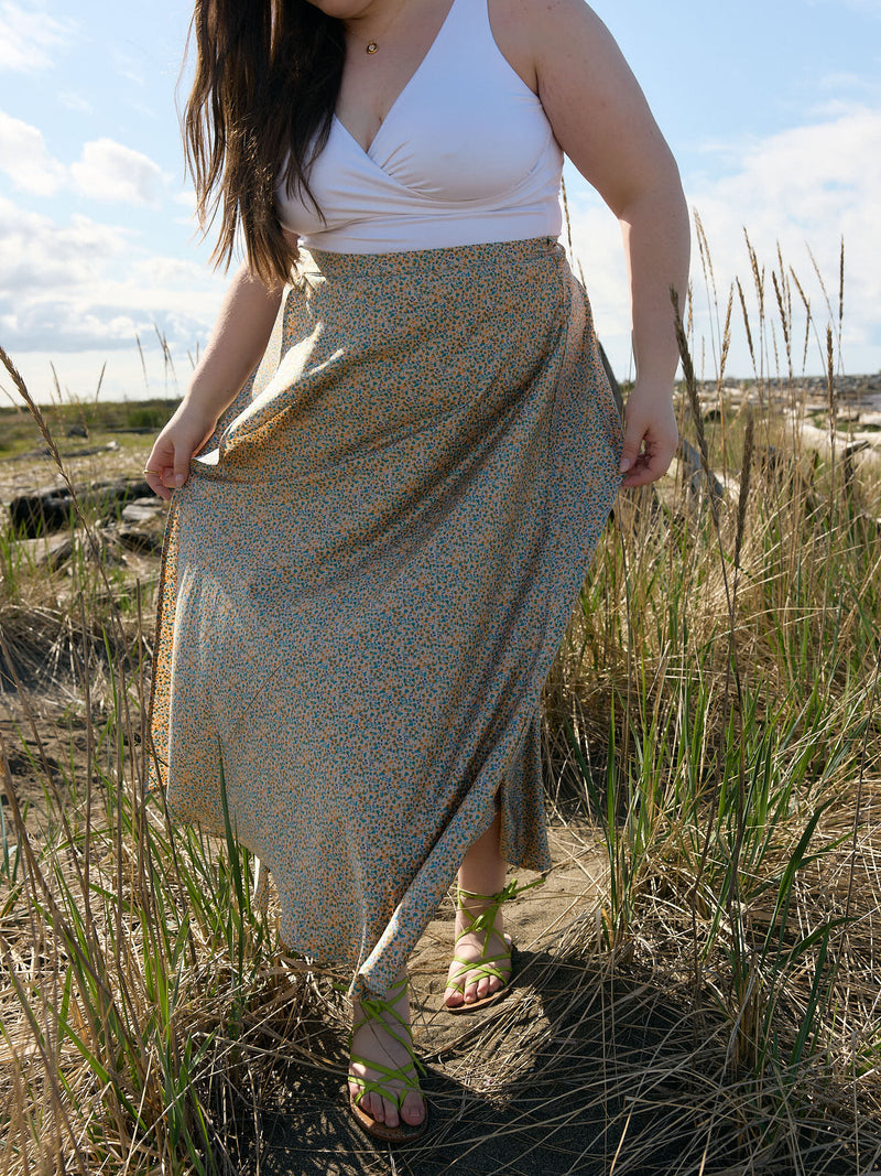 Canadian made maxi wrap skirt, wedding guest outfit