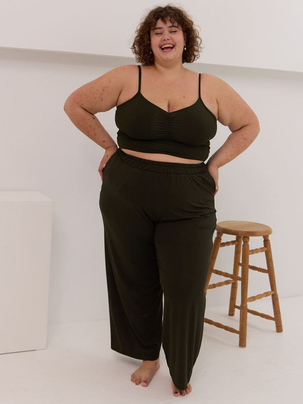 Canadian made dark green wide leg bamboo pants