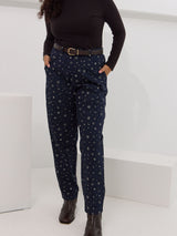 Celestial print utility pants for curvy bodies. Made in canada organic cotton twill pants. moon and star print pants.
