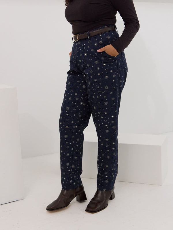 Celestial print utility pants for curvy bodies. Made in canada organic cotton twill pants. moon and star print pants.