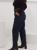 Celestial print utility pants for curvy bodies. Made in canada organic cotton twill pants. moon and star print pants.