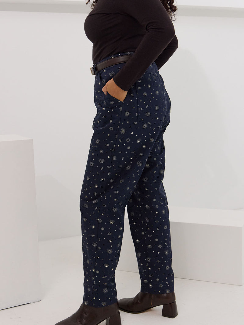Celestial print utility pants for curvy bodies. Made in canada organic cotton twill pants. moon and star print pants.