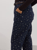 Celestial print utility pants for curvy bodies. Made in canada organic cotton twill pants. moon and star print pants.