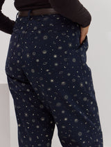 Celestial print utility pants for curvy bodies. Made in canada organic cotton twill pants. moon and star print pants.