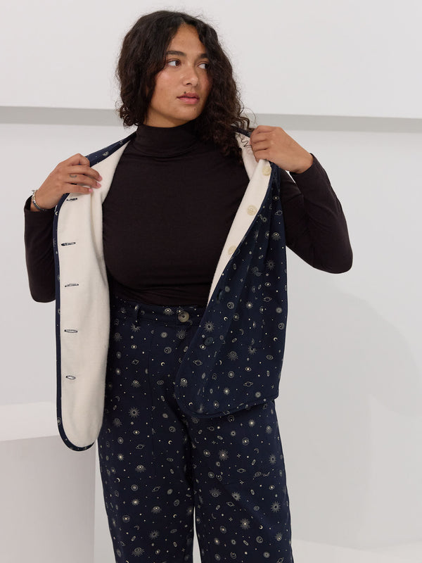 reversible organic cotton twill and organic fleece utility vest