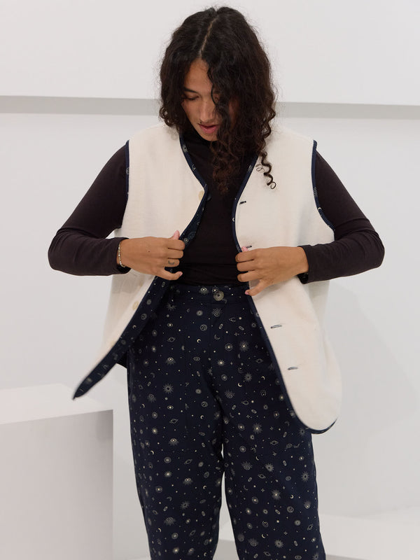 reversible organic cotton twill and organic fleece utility vest
