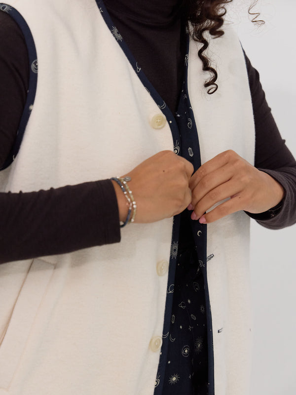 reversible organic cotton twill and organic fleece utility vest