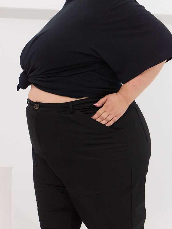 curve friendly utility pant. Non stretch straight leg pants made in canada. size inclusive