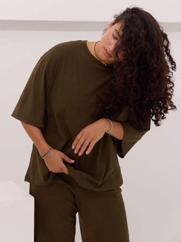 Perfect oversized tee cotton microrib olive colour