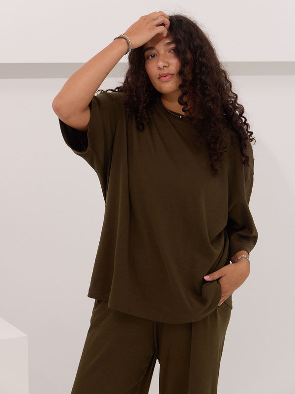 Perfect oversized tee cotton microrib olive colour