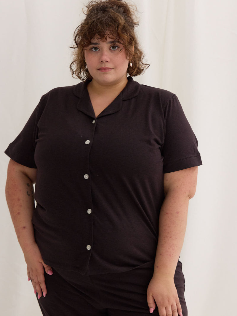 sustainable lyocell pjs, brown plus size pajamas, made in canada