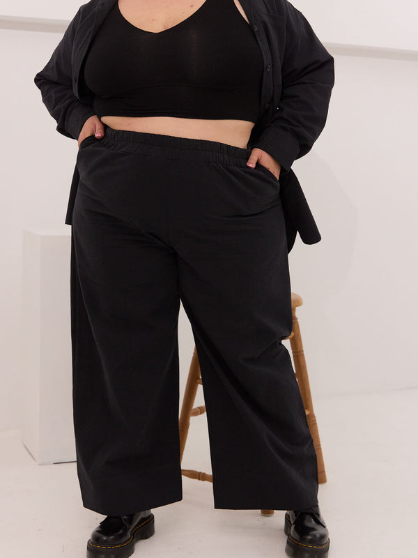 Wide leg black organic cotton pant plus size
