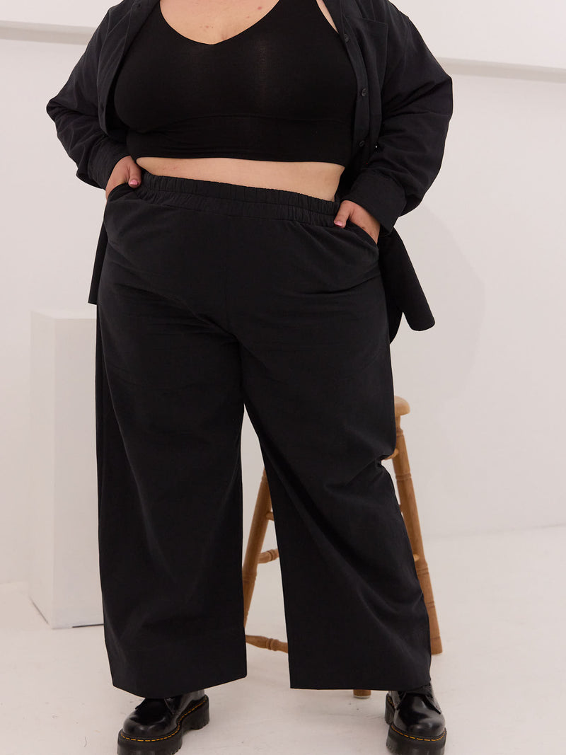 Wide leg black organic cotton pant plus size