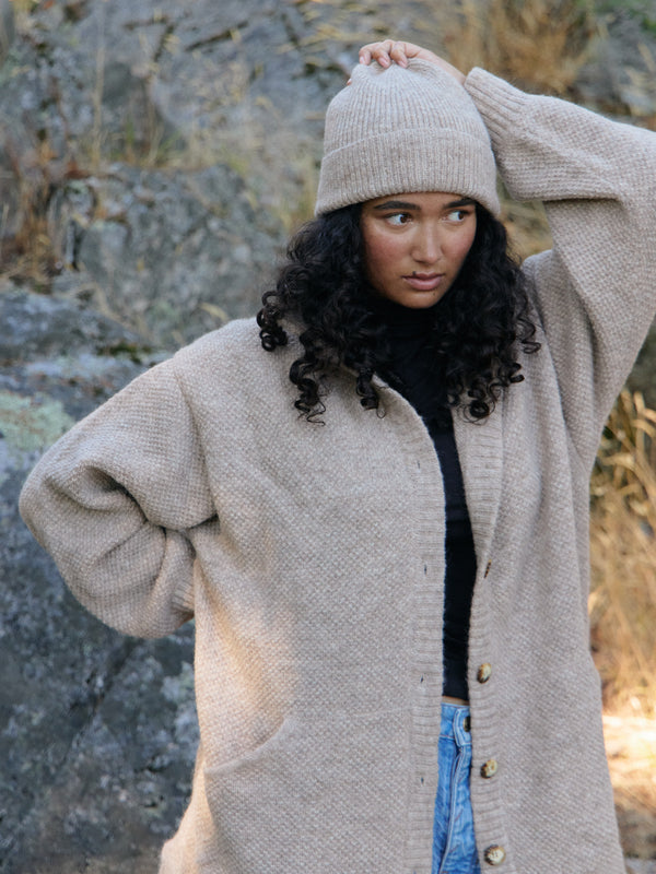 oatmeal oversized Superfine Alpaca cardigan made in peru